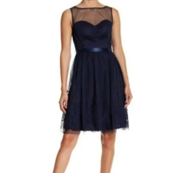 Eliza J Navy Dress L Sleeveless Mini Above Knee Illusion Mesh Tulle Size 1X - Picture 1 of 13